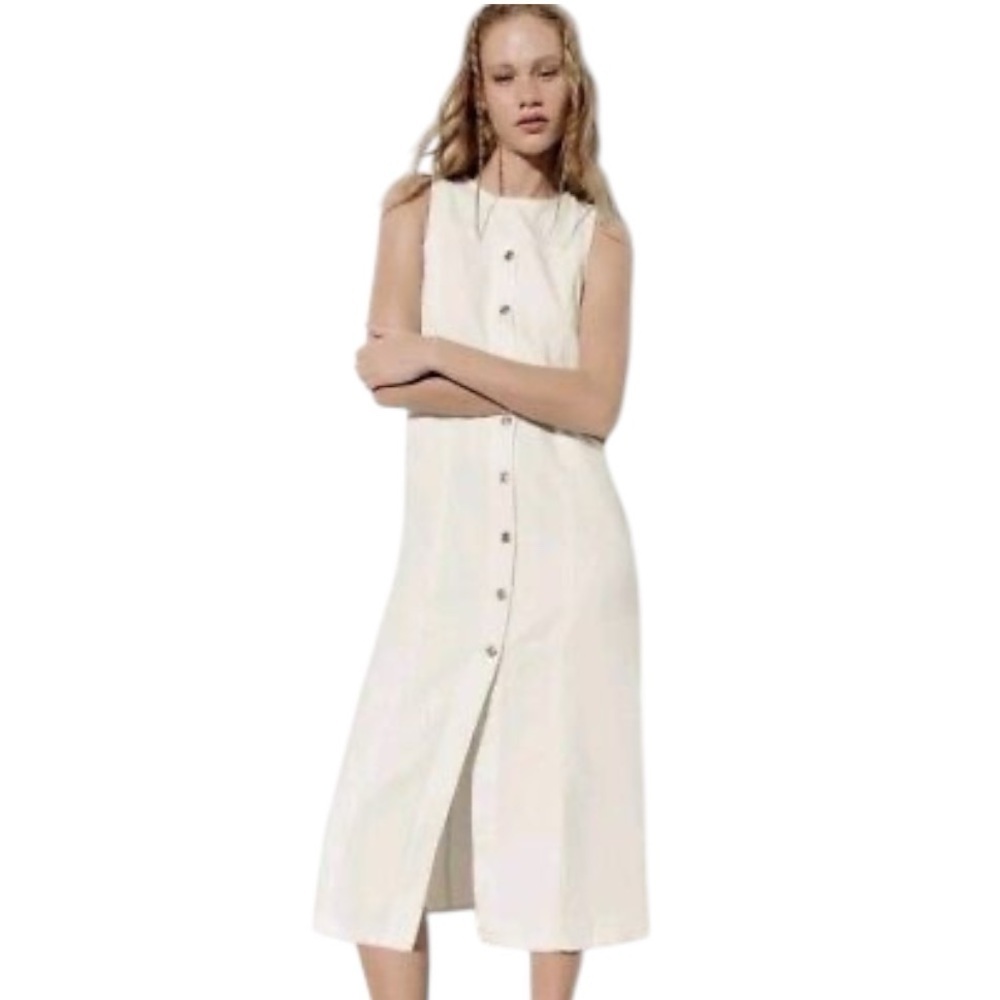 ZARA‎ White Ivory Sleeveless Denim Midi Dress Size S Buttons Casual Jeans Beach